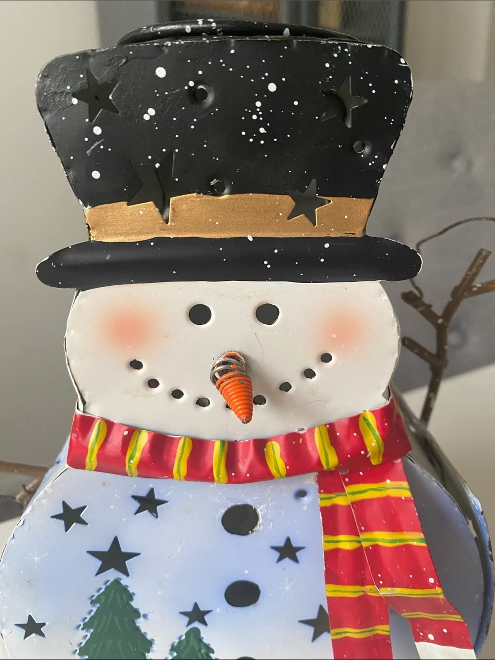 Hand-Painted Metal Snowman Holiday Lantern with Red Scarf Candle Holder